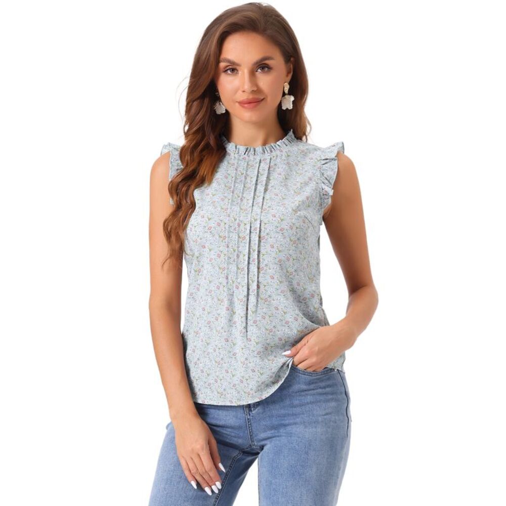 Ruffled Business Office Vintage Sleeveless Work Blouses Top Light Blue-Floral